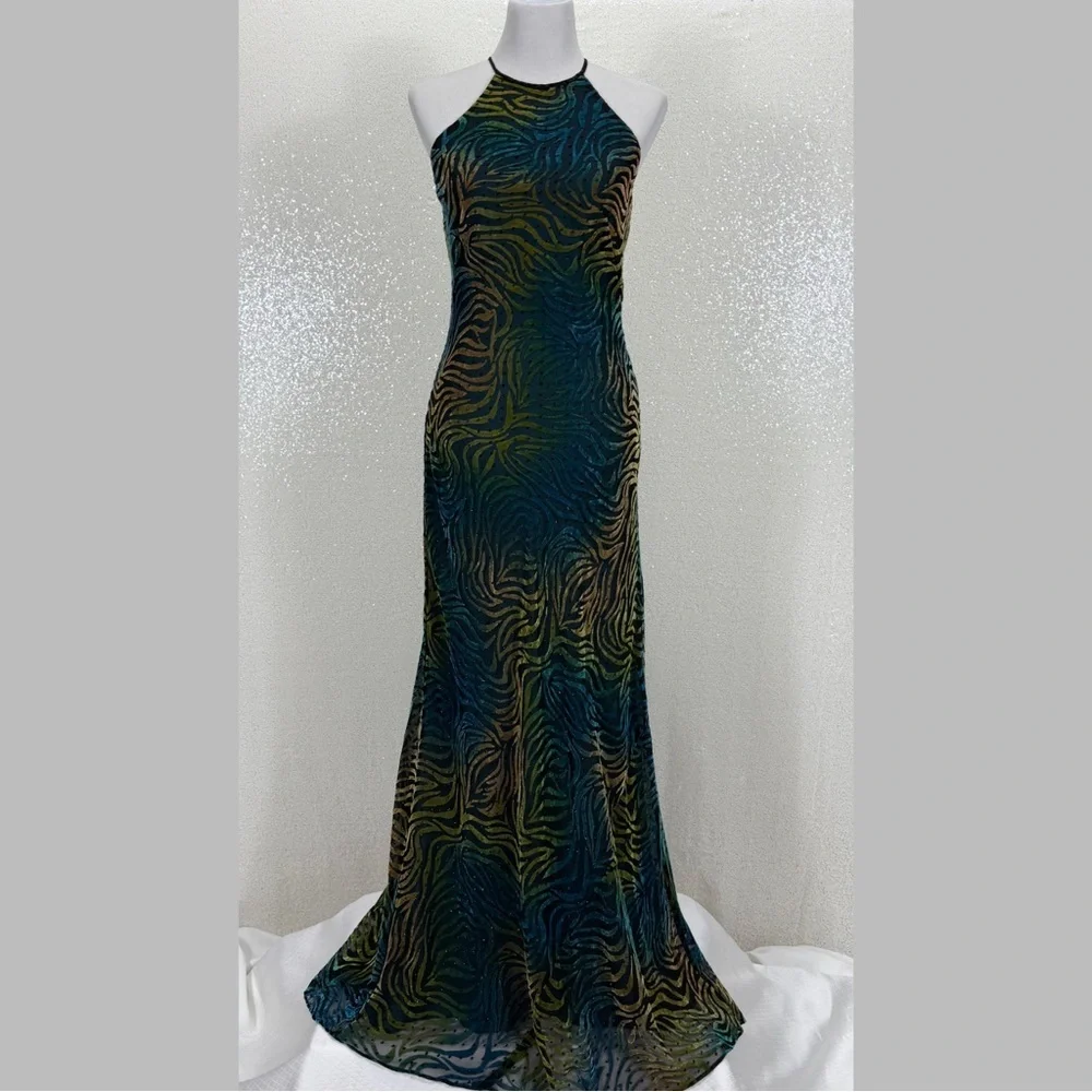 Icon by Kathryn Dianos Green Blue Burnout Velvet Abstract swirl Maxi Dress Party - Picture 15 of 17